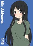  akiyama_mio arms_behind_back black_eyes black_hair blue_background blush character_name highres ikari_manatsu k-on! light_smile long_hair looking_at_viewer sidelocks simple_background smile solo very_long_hair 