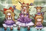  :d akihiyo blue_skirt bow bowtie brown_eyes brown_hair chain chibi clone dress full_moon gourd hair_bow hands_on_hips head_tilt horn_ornament horns ibuki_suika long_hair looking_at_viewer moon multiple_girls multiple_persona on_head open_mouth person_on_head red_bow red_neckwear saliva skirt smile standing touhou 