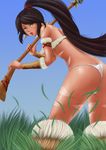  ass brown_hair butt_crack facial_mark fur grass green_eyes groom222 league_of_legends long_hair nidalee open_mouth panties polearm ponytail solo spear tribal underwear weapon white_panties 