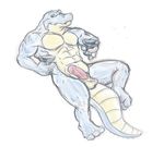  anthro balls beverage classy crocodile erection holcomb humanoid_penis looking_at_viewer lying male martini mudwolfy muscles nude penis plain_background reclining reptile scalie sheath solo white_background 