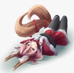  animal_ears arceonn black_legwear brown_eyes capelet fox_ears fox_tail lying miniskirt multiple_tails nia_(arceonn) on_back original pantyhose pink_hair red_capelet ribbon santa_costume short_hair skirt smile solo tail upside-down yellow_eyes 