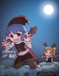  antlers bat_wings blonde_hair blue_hair christmas fang flandre_scarlet full_moon hat moon multiple_girls night open_mouth red_eyes reindeer_antlers remilia_scarlet sack santa_costume short_hair side_ponytail snow touhou wings yst 