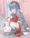  1girl az_toride blue_eyes blue_hair boots breath brown_footwear can commentary_request door dress gotland_(kantai_collection) grey_coat hair_bun hat kantai_collection long_hair looking_at_viewer mole mole_under_eye red_dress sack santa_hat solo squatting thighhighs translation_request white_legwear 