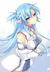  asuna_(sao) asuna_(sao-alo) bare_shoulders blue_eyes blue_hair breasts dean detached_sleeves elf highres long_hair medium_breasts pointy_ears skirt solo sword sword_art_online weapon 