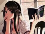  black_hair book cleavage dress food long_hair original pocky taka_tony 