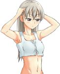  adjusting_hair armpits arms_up bad_id bad_pixiv_id blush breasts crop_top eila_ilmatar_juutilainen eiraprpr long_hair looking_down medium_breasts navel purple_eyes silver_hair solo strike_witches tank_top world_witches_series 