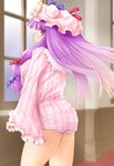 ass babydoll blush breasts crescent hat highres kasuga_yukihito large_breasts long_hair nightgown no_pants panties patchouli_knowledge purple_eyes purple_hair revision see-through solo striped striped_panties touhou underwear window 
