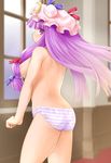  ass bow breasts crescent hair_bow hat highres kasuga_yukihito large_breasts long_hair nipples panties patchouli_knowledge purple_eyes purple_hair revision solo striped striped_panties topless touhou underwear window 