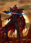  armor ashley_winchester black_armor cape full_armor gloves greaves helmet highres knight_blazer male_focus mask red_cape serushisu_(artist) solo sword weapon wild_arms wild_arms_2 
