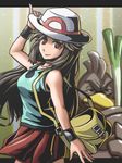  bag blue_(pokemon) brown_eyes brown_hair farfetch'd gen_1_pokemon hat kurii_chasuke long_hair pokemon pokemon_(game) pokemon_frlg skirt smile spring_onion 