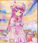  blue_eyes crescent h@ll hat long_hair patchouli_knowledge purple_hair ribbon shikishi solo touhou traditional_media 