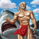  abs aqua_eyes beard clenched_hand cloud dated day facial_hair fundoshi grey_hair japanese_clothes looking_at_viewer male_focus manly matataku muscle old_man original raised_eyebrow shark shirtless signature sky solo wet 