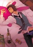  alcohol bad_id bad_pixiv_id bottle brown_hair drunk facial_hair hair_slicked_back heart heart_print kaburagi_t_kotetsu male_focus mamita necktie print_boxers pubic_hair sleeping solo stubble stuffed_animal stuffed_bunny stuffed_toy tiger_&amp;_bunny vest waistcoat 