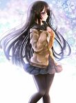  black_hair black_legwear blue_eyes blush cardigan coat long_hair original pantyhose puracotte school_uniform skirt smile snow solo 