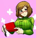  bad_id bad_pixiv_id breasts brown_eyes brown_hair glasses handheld_game_console huge_breasts nikki_(swapnote) nintendo_3ds red-framed_eyewear ribbed_sweater saka_i_hirokadu smile solo stylus swapnote sweater turtleneck 