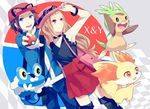  achiki blue_eyes brown_hair calme_(pokemon) chespin fennekin froakie glasses hat poke_ball pokemon pokemon_(game) pokemon_xy red_eyes serena_(pokemon) 