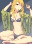  adjusting_hair ahoge barefoot bikini blonde_hair blush breasts green_eyes hoshii_miki idolmaster idolmaster_(classic) indian_style long_hair looking_at_viewer medium_breasts mouth_hold navel o-ring o-ring_top open_clothes open_shirt q_(ed69) shirt sitting solo swimsuit underboob 