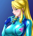  blonde_hair bodysuit breasts covered_nipples finger_to_mouth green_eyes hyoukai large_breasts lips long_hair metroid ponytail samus_aran shiny skin_tight solo zero_suit 