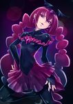  bad_end_happy bad_end_precure black_bodysuit bodysuit covered_navel dark_persona earrings fingerless_gloves gloves hanji_(hansi) jewelry long_hair pink_eyes pink_hair pink_skirt precure purple_background skirt smile_precure! solo tiara 