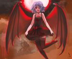  alternate_costume bare_shoulders bat_wings black_dress blood blood_on_face blue_hair bow choker cross curtsey dress flat_chest full_moon licking_lips magical_ondine moon no_hat no_headwear no_shoes red_eyes red_moon remilia_scarlet short_hair solo thighhighs tongue tongue_out touhou vampire wings 