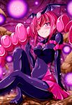  bad_end_happy bad_end_precure bat_wings black_bodysuit blush bodysuit breasts covered_navel dark_persona grin highres kayama_kenji medium_breasts one_eye_closed pink_eyes pink_hair precure sitting smile smile_precure! solo tiara twintails wings 