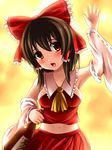  arm_up armpits ascot blush bottle bow brown_hair detached_sleeves hair_bow hair_tubes hakurei_reimu highres open_mouth red_eyes short_hair skirt smile solo touhou waving yoshimo 