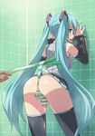  against_wall anus aqua_eyes aqua_hair ass bare_shoulders detached_sleeves erect_nipples from_behind futanari hatsune_miku long_hair looking_back nail_polish open_mouth panties pleated_skirt pussy pussy_juice skirt solo spring_onion striped striped_panties thighhighs twintails uncensored underwear very_long_hair vocaloid wedgie yokaze_japan zettai_ryouiki 