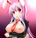  animal_ears blazer blush breasts bunny_ears highres jacket large_breasts long_hair necktie nipples open_clothes open_shirt pink_hair red_eyes red_neckwear reisen_udongein_inaba shirt solo touhou yoshimo 