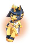  1girl 3035_(aiaig) animal_crossing animal_ears ankha_(animal_crossing) barefoot black_eyes black_hair blue_hair blush breasts cat cat_ears cat_tail doubutsu_no_mori egypt erect_nipples furry nipples short_hair simple_background sitting small_breasts solo tail white_background 