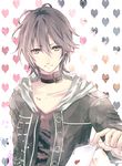  alicetype amnesia_(idea_factory) card choker grey_hair heart heart_background jacket male_focus md5_mismatch pink_eyes playing_card shin_(amnesia) shirt smile solo 