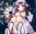  bad_id bad_pixiv_id between_breasts book breasts cleavage crescent dress hair_ribbon hat hat_ribbon kneehighs knees_together_feet_apart kombu_(yoshikonbu) large_breasts long_hair long_sleeves looking_at_viewer open_mouth panties pantyshot pantyshot_(sitting) patchouli_knowledge purple_dress purple_eyes purple_hair ribbon sitting solo touhou tress_ribbon underwear very_long_hair white_legwear white_panties 