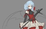 1girl arceonn ascot bare_shoulders blue_hair bridal_gauntlets corset detached_sleeves female flat_chest hair_ribbon highres no_hat no_headwear red_eyes remilia_scarlet ribbon short_hair skirt smile solo sword touhou weapon wings work_in_progress 