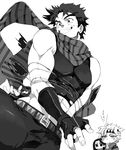  2boys bola_(weapon) bound caesar_anthonio_zeppeli facial_mark fingerless_gloves gloves greyscale headband jojo_no_kimyou_na_bouken joseph_joestar_(young) kisarazu_tetsuya lisa_lisa midriff monochrome multiple_boys muscle pectorals scarf sweatdrop tied_up 