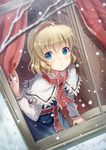  alice_margatroid blonde_hair blue_eyes blush book bookshelf capelet curtains from_outside hairband highres hyuuga_azuri looking_out_window short_hair snowing solo touhou window 