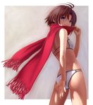  ahoge antenna_hair back bare_shoulders bikini black_hair blue_eyes brown_hair idolmaster idolmaster_(classic) jpeg_artifacts kikuchi_makoto looking_at_viewer looking_back nekopuchi red_scarf scarf short_hair smile smirk solo swimsuit 