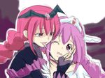  bad_end_happy bad_end_precure bat_wings bodysuit cure_happy dark_persona fingerless_gloves frills gem gloves hand_on_another's_face highres hoshizora_miyuki licking magical_girl multiple_girls one_eye_closed open_mouth pink_eyes pink_hair precure sketch smile_precure! suna_nezumi tears tiara tongue tongue_out wings 