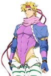  blonde_hair caesar_anthonio_zeppeli cropped_jacket facial_mark feathers green_eyes hair_feathers headband jojo_no_kimyou_na_bouken kisarazu_tetsuya leotard male_focus pants purple_leotard scarf solo striped striped_pants 