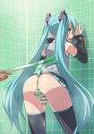  against_wall anus aqua_eyes aqua_hair ass bare_shoulders detached_sleeves erect_nipples from_behind genderswap hatsune_miku long_hair looking_back nail_polish newhalf open_mouth panties pleated_skirt pussy pussy_juice skirt solo spring_onion striped striped_panties thighhighs twintails uncensored underwear very_long_hair vocaloid wedgie yokaze_japan zettai_ryouiki 