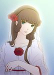  brown_hair flat_chest flower fuuka_(fukasheu) hair_flower hair_ornament long_hair looking_at_viewer moira rose solo sophia_(moira) sound_horizon 