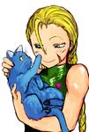  antenna_hair bare_shoulders blonde_hair blue_eyes braid cammy_white cat cat_focus ha-chan holding leotard long_hair scar smile street_fighter twin_braids 