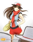  akosan bag blue_(pokemon) brown_eyes brown_hair hat long_hair multiple_girls pokemon porkpie_hat scarf skirt smile translated 