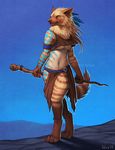  bodypaint breasts canine clothed clothing digitigrade ear_piercing falvie feathers female hyena kikivuli loincloth mammal midriff outside piercing polearm skimpy solo staff striped_hyena stripes tribal under_boob yellow_eyes 