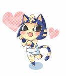  1girl animal_crossing animal_ears ankha_(animal_crossing) barefoot black_eyes black_hair blue_hair blush cat cat_ears cat_tail doubutsu_no_mori egypt egyptian furry heart open_mouth paw_pose short_hair simple_background small_breasts smile solo standing tail white_background youki_(yuyuki) 