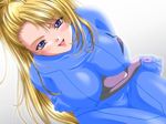  1girl :d asukajin blonde_hair blue_eyes blush breasts dutch_angle female long_hair looking_at_viewer metroid open_mouth ponytail samus_aran smile solo zero_suit zerosuit 