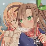  :d blush bow breath brown_hair closed_eyes cold compa ears green_eyes hair_bow hair_ornament hairband if_(choujigen_game_neptune) long_hair looking_back minagi multiple_girls neptune_(series) open_mouth pink_hair scarf smile yuri 