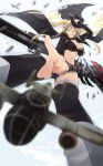  1girl ;q aircraft airplane azur_lane b-25_mitchell bangs belt bikini_top black_bikini_top black_shorts blonde_hair blurry bomber breasts cape cowboy_hat cutoffs depth_of_field flight_deck foreshortening ganesagi green_eyes hat highres hornet_(azur_lane) large_breasts long_hair long_sleeves machinery midriff military military_vehicle navel one_eye_closed over-kneehighs short_shorts shorts shrug_(clothing) sidelocks sleeves_past_wrists smile solo stomach thighhighs tongue tongue_out twintails very_long_hair white_legwear 