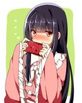  1girl bad_id bad_pixiv_id black_hair blush covering_mouth handheld_game_console hime_cut houraisan_kaguya long_hair long_sleeves looking_at_viewer playstation_portable red_eyes shirt solo touhou upper_body very_long_hair wide_sleeves yarawi 