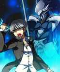  blazblue clenched_hand crossover grey_eyes grey_hair hakumen jacket male_focus mask narukami_yuu open_clothes open_jacket open_mouth persona persona_4 popped_collar puchi-pochi red_eyes school_uniform silver_hair sword weapon 