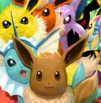  :d blue_eyes brown_eyes cosmo_(465lilia) eevee espeon everyone flareon gen_1_pokemon gen_2_pokemon gen_4_pokemon glaceon jolteon leafeon looking_at_viewer no_humans open_mouth pointy_ears pokemon pokemon_(creature) purple_eyes revision smile umbreon vaporeon 
