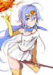  blue_eyes blue_hair blush breasts cape circlet cleavage dragon_quest dragon_quest_iii elbow_gloves fang fireball giji_eizan gloves looking_at_viewer magic medium_breasts pussy_juice sage_(dq3) sketch smile solo staff thighhighs white_background 